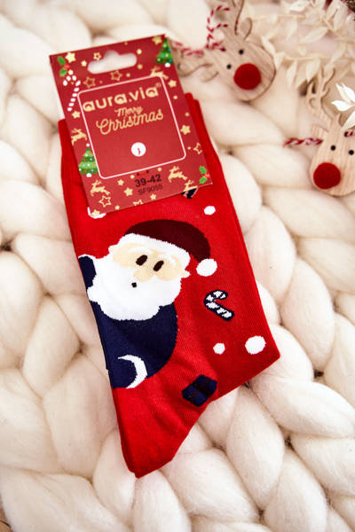 Men's Christmas Cotton Socks With Santa Claus And Reindeer Red