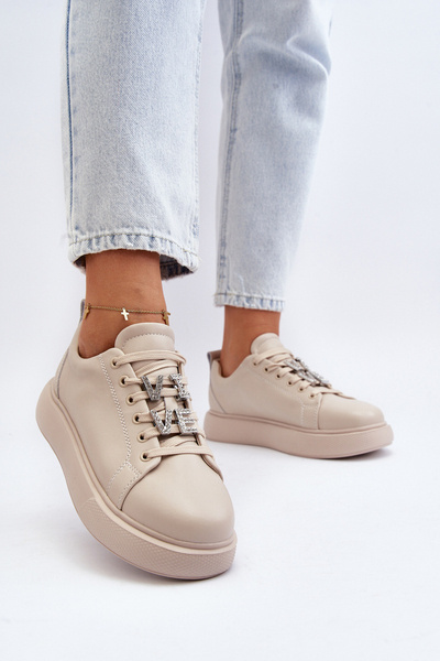 Women's Leather Sneakers with Beige Embellishments Dysuria