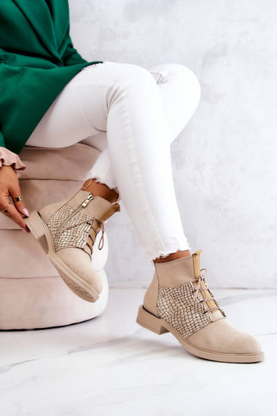 Women's Suede Ankle Boots with a Snake Pattern Light Beige Sonroe