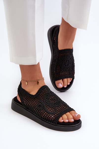Flache Damen-Sandalen mit verzierten schwarzen Blumen Abidina