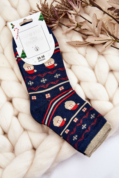 Șosete pentru femei cu modele de Crăciun Santa Navy Blue
