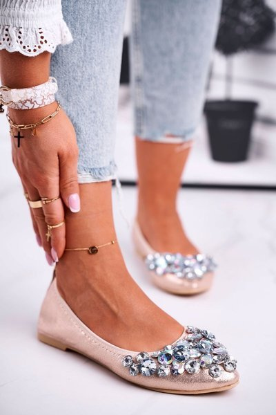 Ballerines En Cuir Avec Pierres Décoratives Cristal Doré