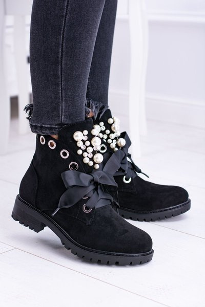 Bottines Doublées En Daim Avec Perles Et Ruban Black Perla