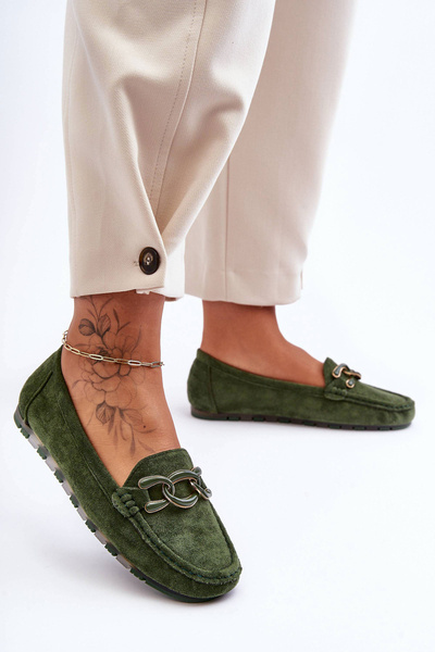 Women's Suede Moccasins on Flat Sole Green Appia