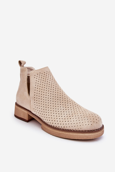 Suede Openwork Flat Heel Boots Beige Angie