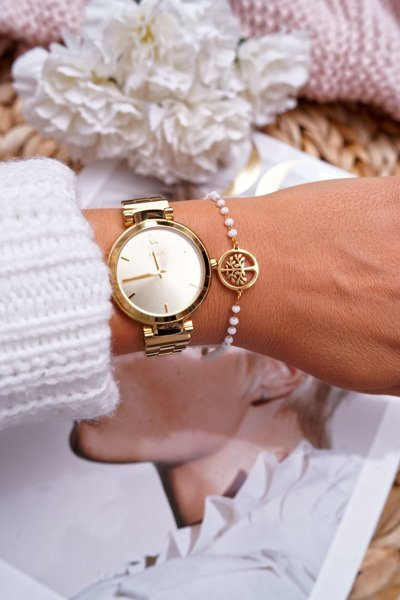 Women's Chain Bracelet Gold White Beads Tree of Life Spiritual