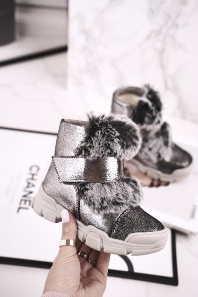 Kinder Fleece-gefütterte Klettverschluss-Stiefel Grau Hussar