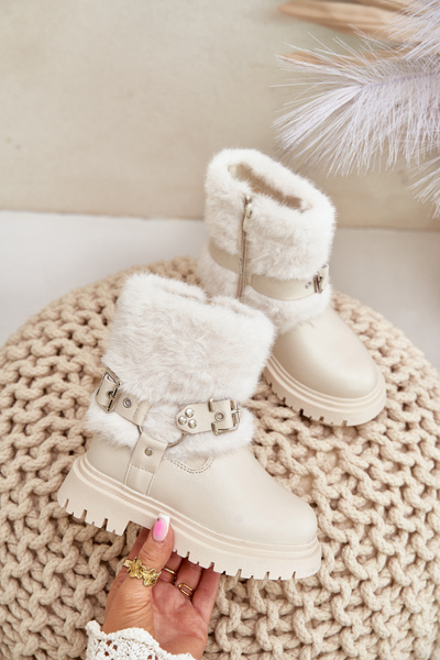 Bottines Fille En Cuir Eco Avec Fourrure Et Boucles Beige Cartemes