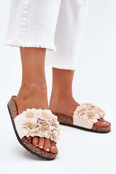 Damen Pantoletten Mit Korksohle Und Blumen Beige Ferenza