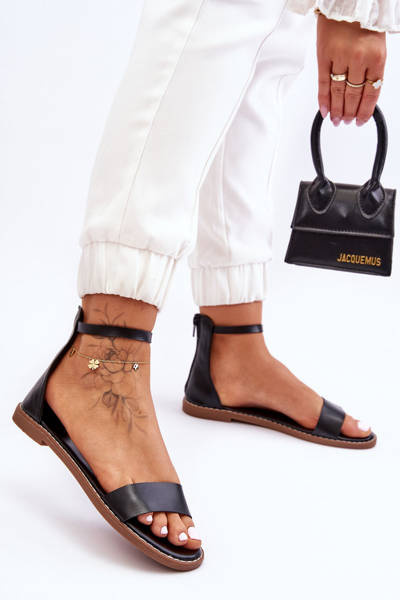 Leather Flat Zipper Sandals Black Millou