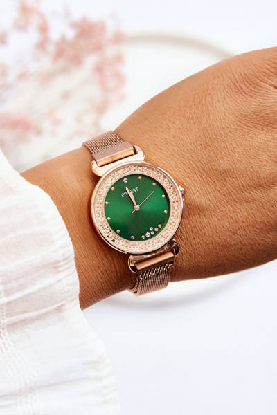 Moteriškas laikrodis su žaliu skydu ERNEST Rose Gold