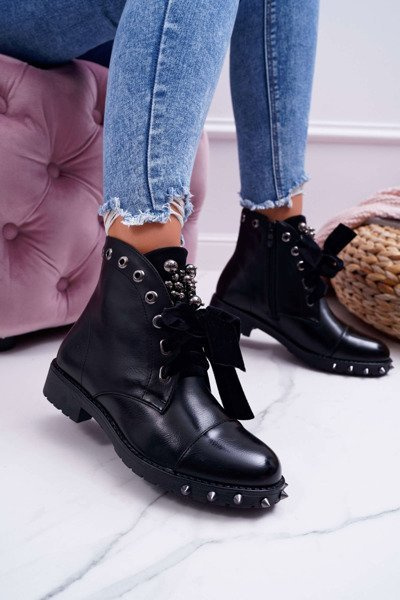 Damenstiefel mit Absatz und Band Nieten Grethan