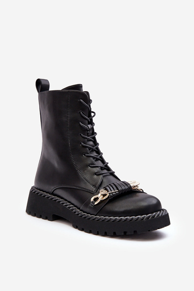 Damen Lederstiefel Arbeitsstiefel mit Verzierung Schwarz SBarski MR870-68