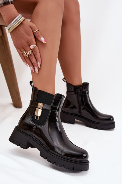 Lackierte Stiefeletten mit Futter mit goldenen Details schwarze Talyra