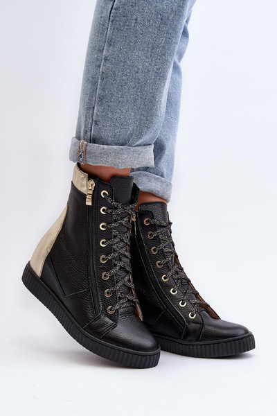 Zazoo 3081 Damen Leder Sneaker Mit Keilabsatz Schwarz