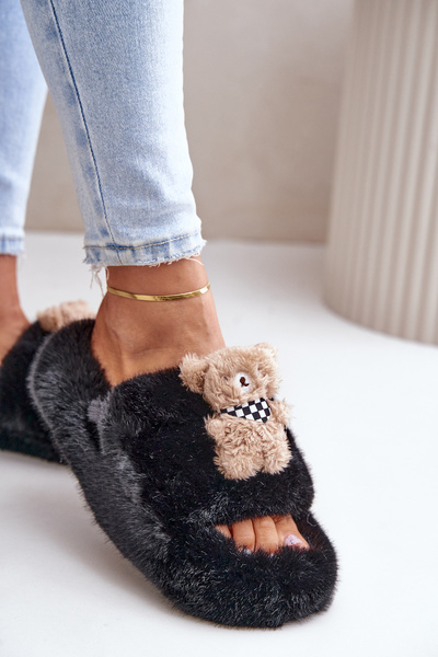 Chaussons Femme Fausse Fourrure Avec Ours Noir Roumanie