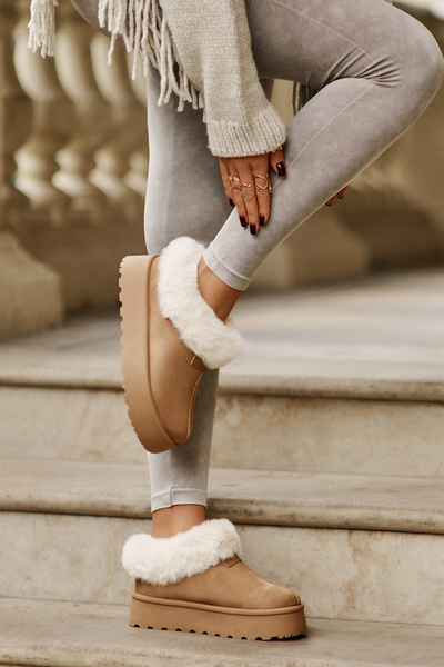 Cizme De Zăpadă Cu Glezna Joasă Cu Blană Pe Platformă Eco Suede Camel Neathoria