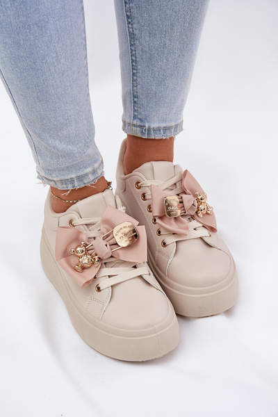 Women's Sneakers With Bow And Brooch With Bear Beige Leathria