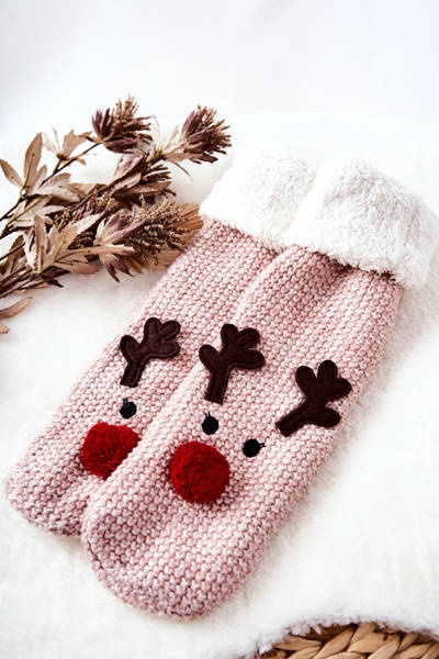 Christmas Long Socks Reindeer Light Pink