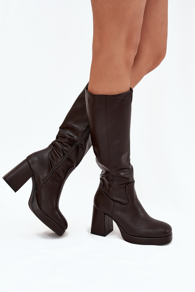 Women's Knee-High Boots With Zipper Heel Chocolate Selvia