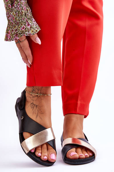 Zazoo 40141 Leather Sandals with Velcro Black-Gold