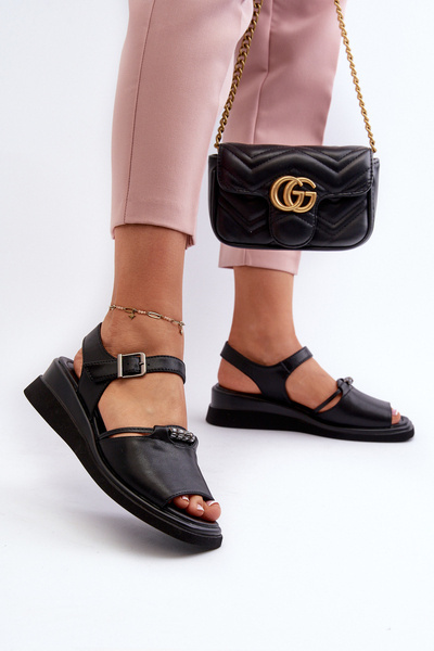 Schwarze Damen Leder Keilabsatz Sandalen Vinceza 66624