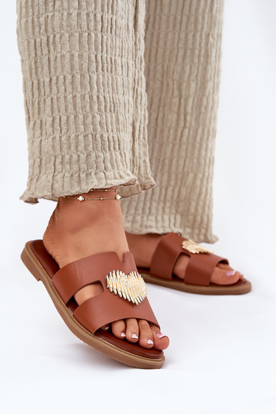 Womens sandals on a flat heel with a gold decoration Karinma