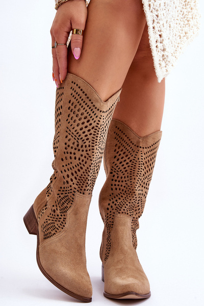 Zomšiniai kaubojiški batai prieš kelį Leewski batai 3305 smėlio spalvos