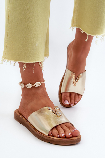 Damen Sandalen mit flacher Sohle und Dekoration aus Eco-Leder Gold Makia