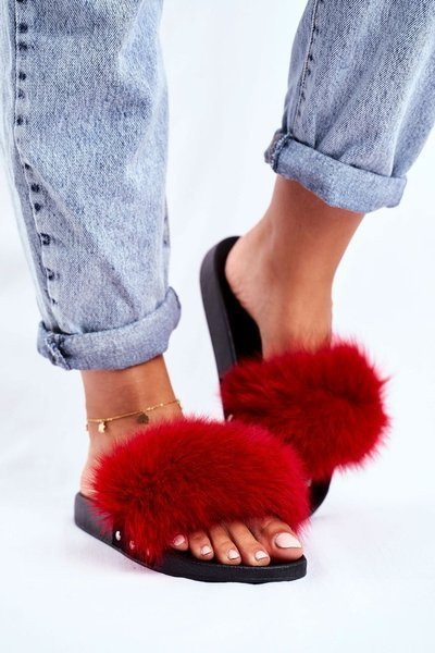 Claquettes Femme Avec Fourrure Naturelle Rouge Bushido