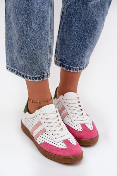 Lederperforierte Damensneaker Zazoo N1318 Weiß-Rosa