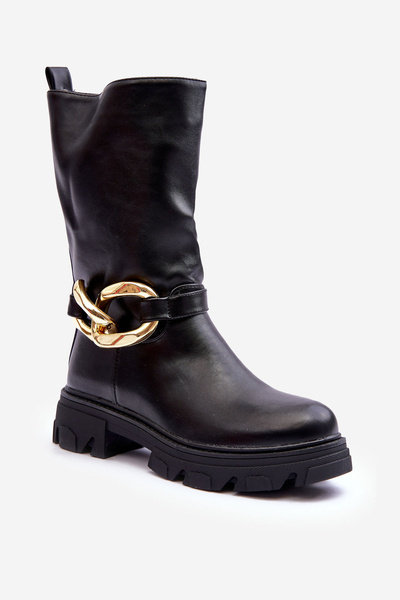 Bottines en Cuir à Talon Plat Noir Diominna