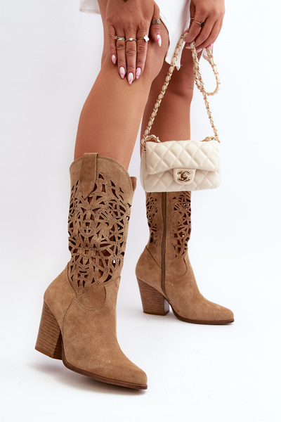 Damen Beige Wildleder High Heel Stiefeletten mit Lochmuster Zazoo 3166/P