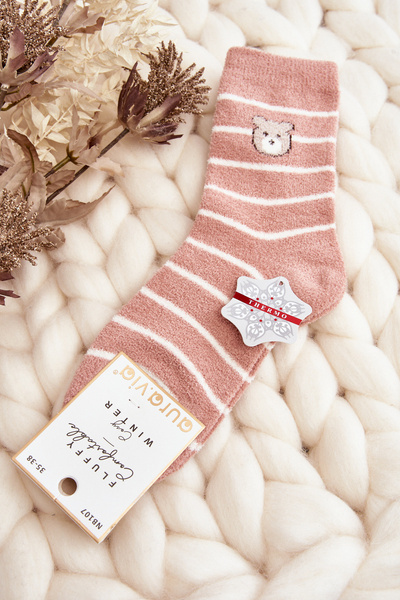 Chaussettes chaudes rayées pour femme avec ours en peluche rose