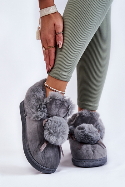 Damen-Slipper aus Fell mit Bommel Grau Noemi