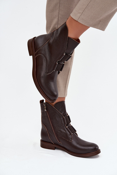 Bottines pour femmes en cuir naturel à talon plat Zazoo 3842 chocolat