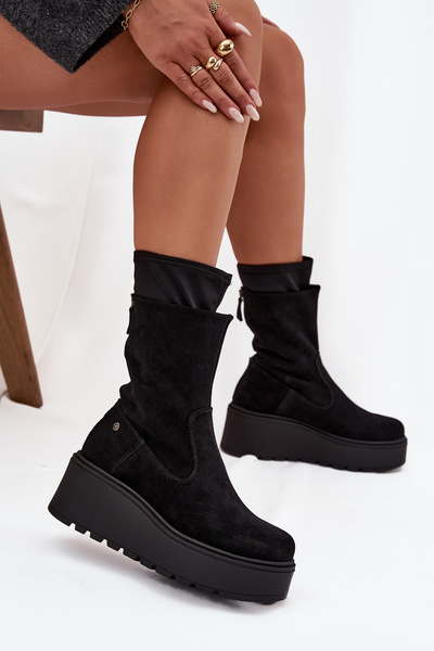 Boots en cuir suède pour femmes sur plateforme épaisse Maciejka A7161-20 Noires