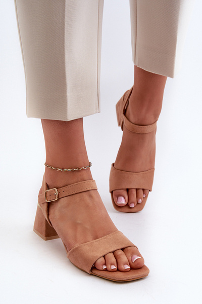 Sandales à talons blocs pour femmes en suède écologique camel Leisha