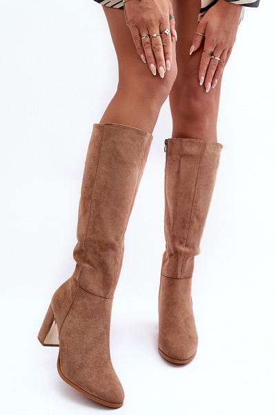 Lederstiefel Kniehohe Mit Keilabsatz Dunkelbeige Kilrenita