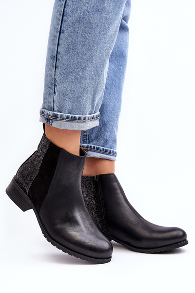 Bottines Femme Talon Plat Avec Paillettes Noir Messio
