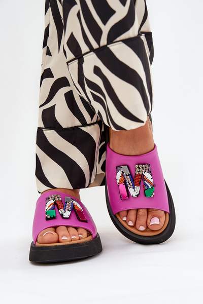 Damen Leder Sandalen Mit Dekoration Fuchsia Asames