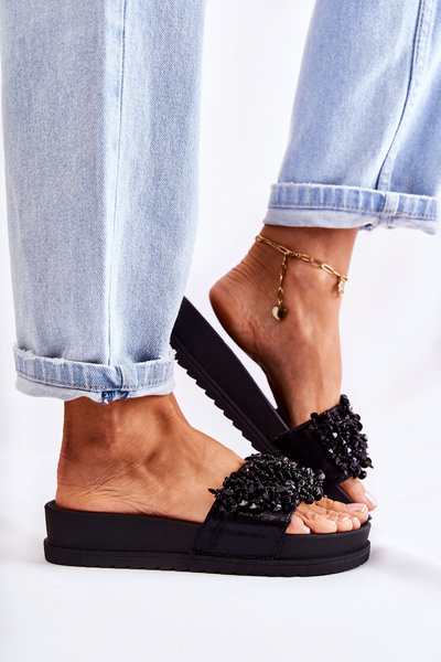 Women's Slippers On The Platform With Ornaments Black Almina