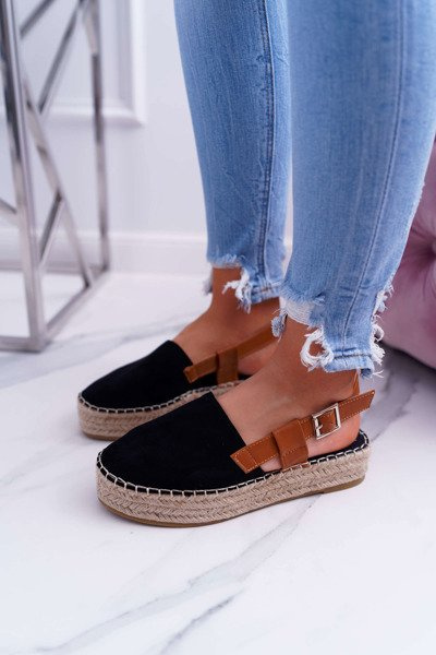 Damen Wildleder Plateau Espadrilles Schwarz Parteno