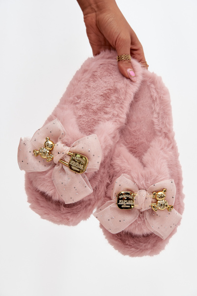 Chaussons pour femmes en peluche avec nœud et décoration en or rose Nolara
