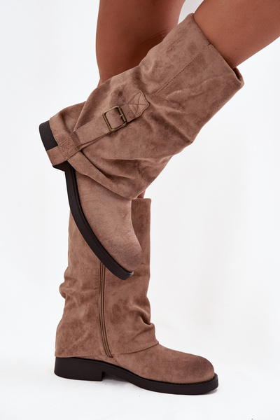 Bottes pour femmes avec revers retourné jusqu'à mi-mollet avec boucle Khaki Minelle