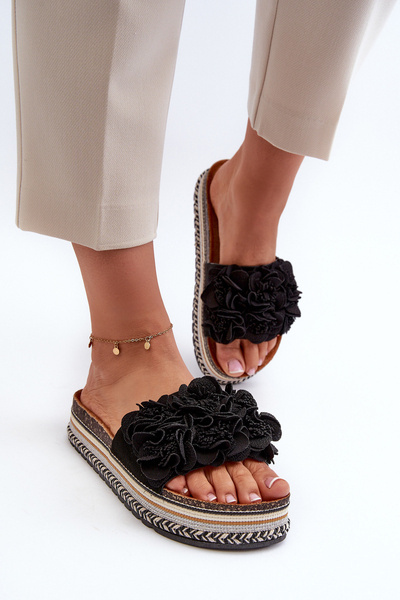 Women's Platform Sandals Adorned with Flowers Black Nodina