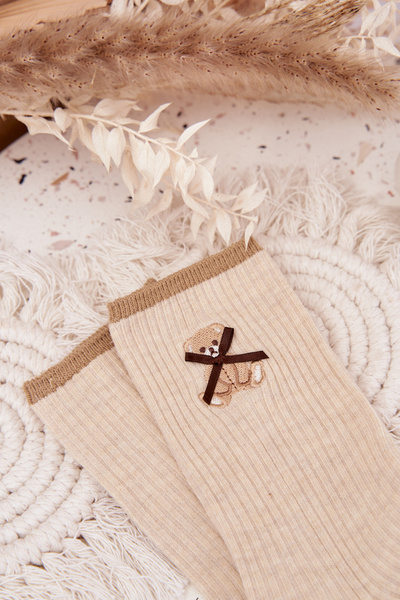 Ciorapi din bumbac cu dungi cu urs Bej