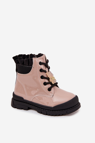 Bottes pour enfants en cuir verni doublées avec clipoursours beige Fionessa