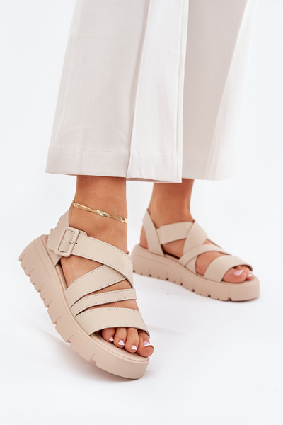 Sandales en Cuir Pour Femmes Sur Plateforme Avec Boucle Beige Selianae