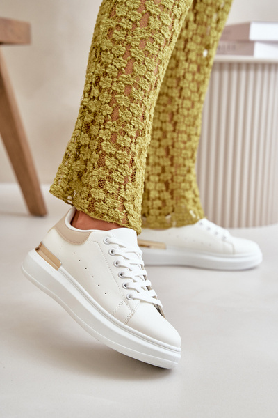 Baskets basses à plateforme pour femmes en cuir écologique blanc-beige Nevelena